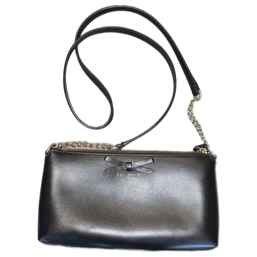 Kate Spade Black Leather Bow Crossbody Bag Gold Chain Strap Metallic Finish‎